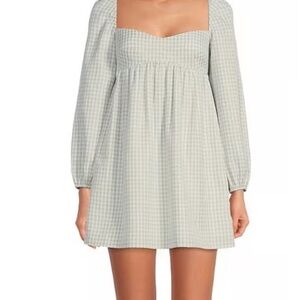 Gianni Bini Green and White Smocked Sundress with Puff Sleeves Mini Dress